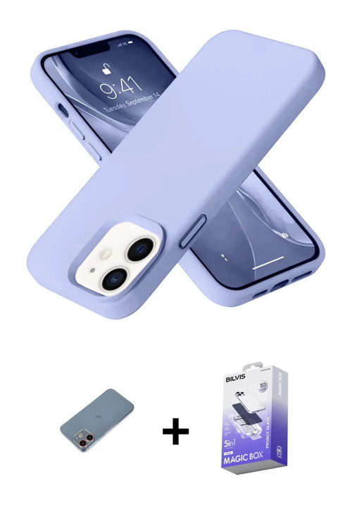 ieg™ iPhone 12 Kılıf Ahenk Serisi - Siyah Bilvis 5in1 5D Magic Hayalet Cam Ekran Koruyucu + Pembe Sh
