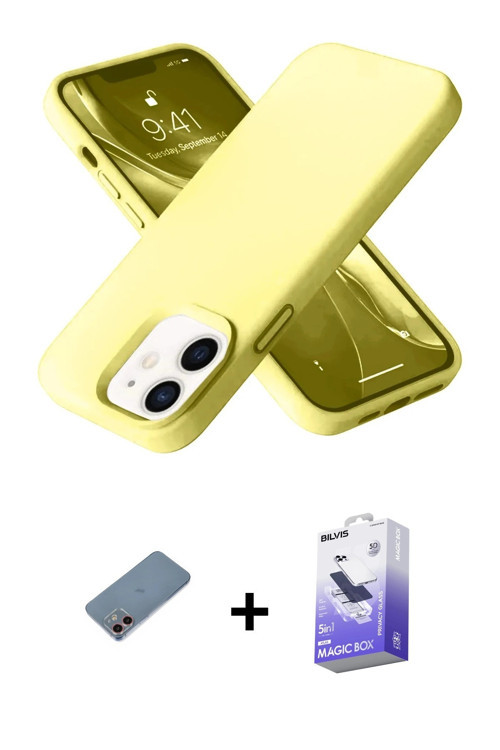 ieg™ iPhone 12 Kılıf Ahenk Serisi - Siyah Bilvis 5in1 5D Magic Hayalet Cam Ekran Koruyucu + Pembe Sh