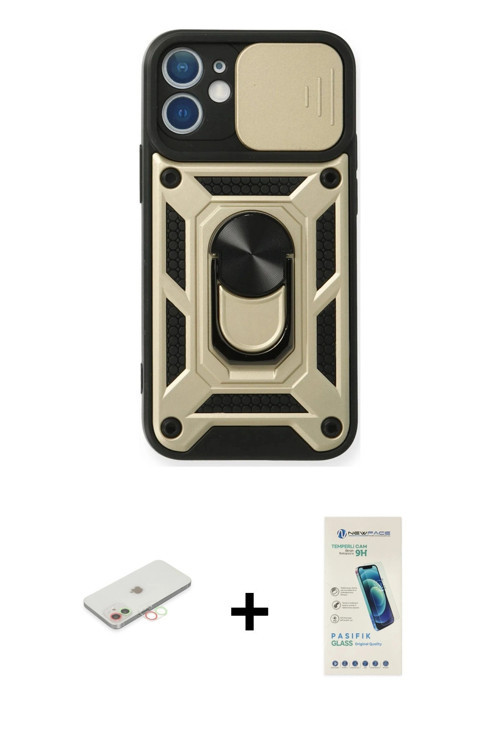 ieg™ iPhone 12 Kılıf Ahenk Klasik - Şeffaf Pasifik Cam Ekran Koruyucu + Yeşil Renkli Kamera Lens Kor