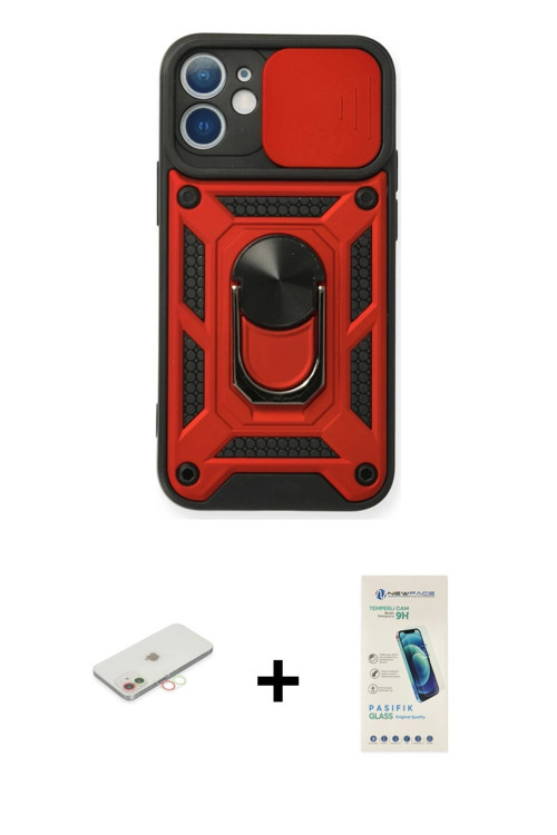 ieg™ iPhone 12 Kılıf Ahenk Klasik - Şeffaf Pasifik Cam Ekran Koruyucu + Yeşil Renkli Kamera Lens Kor