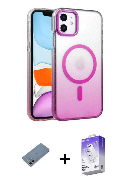 ieg™ iPhone 12 Kılıf Ahenk Doku Özel Seri - Siyah Bilvis 5in1 3D Magic Cam Ekran Koruyucu + Pembe Sh