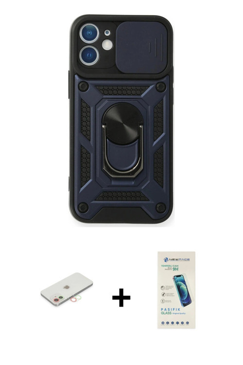 ieg™ iPhone 12 Kılıf Ahenk Klasik - Şeffaf Pasifik Cam Ekran Koruyucu + Yeşil Renkli Kamera Lens Kor