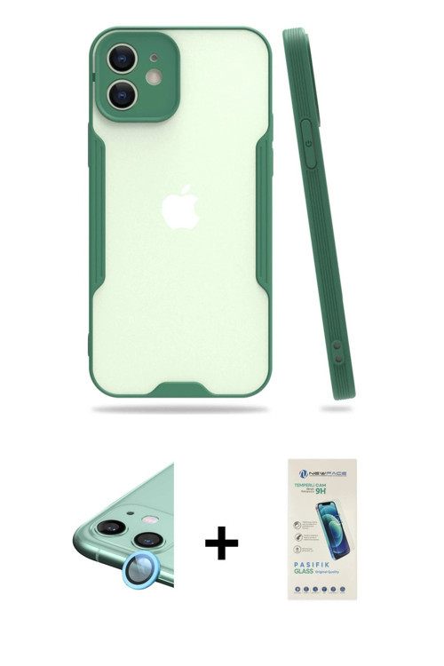 ieg™ iPhone 12 Kılıf Atlas Asil Serisi - Şeffaf Pasifik Cam Ekran Koruyucu + Mavi Raze Metal Kamera