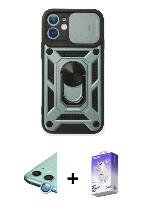 ieg™ iPhone 12 Kılıf Ahenk Klasik - Siyah Bilvis 5in1 3D Magic Cam Ekran Koruyucu + Mavi Raze Metal