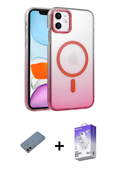 ieg™ iPhone 12 Kılıf Ahenk Doku Özel Seri - Siyah Bilvis 5in1 3D Magic Cam Ekran Koruyucu + Pembe Sh