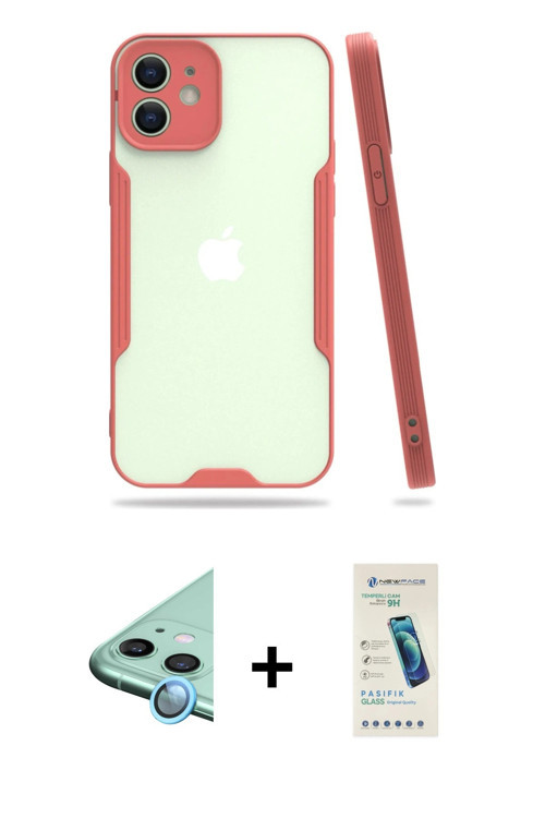 ieg™ iPhone 12 Kılıf Atlas Asil Serisi - Şeffaf Pasifik Cam Ekran Koruyucu + Mavi Raze Metal Kamera