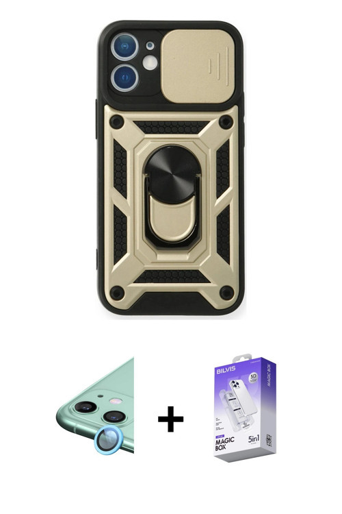 ieg™ iPhone 12 Kılıf Ahenk Klasik - Siyah Bilvis 5in1 3D Magic Cam Ekran Koruyucu + Mavi Raze Metal