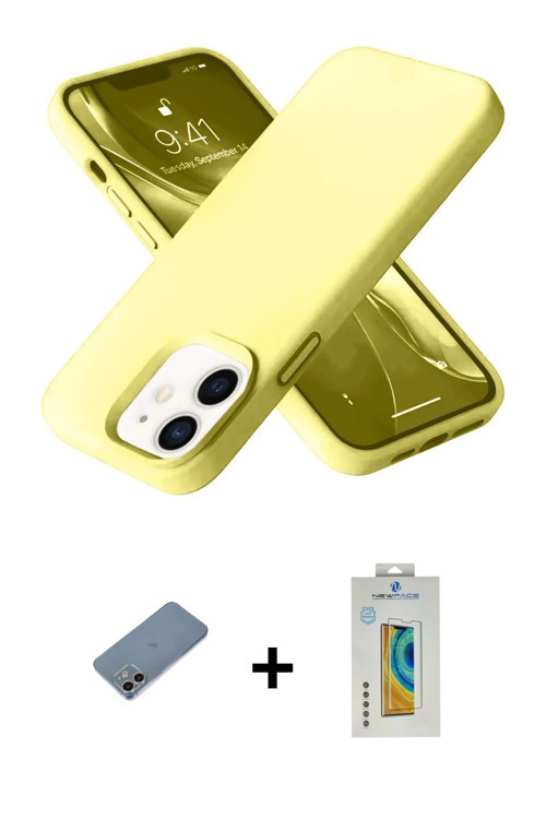 ieg™ iPhone 12 Kılıf Ahenk Serisi - Siyah Polymer Nano Ekran Koruyucu + Gökkuşağı Shine Kamera Lens