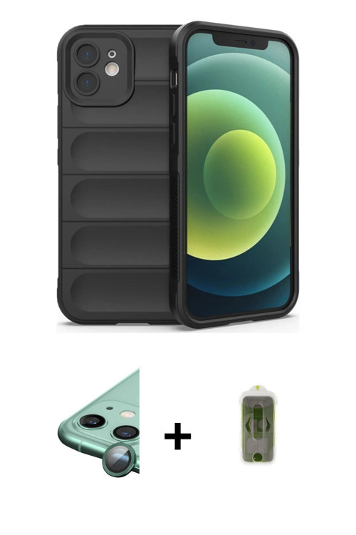 ieg™ iPhone 12 Kılıf Atlas Koleksiyonu - Siyah Joko Magic 5D Hayalet Cam + Yeşil Raze Metal Kamera L