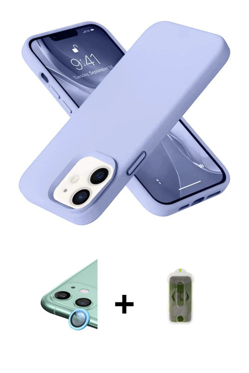 ieg™ iPhone 12 Kılıf Ahenk Serisi - Siyah Joko Magic 5D Hayalet Cam + Mavi Raze Metal Kamera Lens