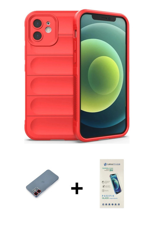 ieg™ iPhone 12 Kılıf Atlas Koleksiyonu - Şeffaf Pasifik Cam Ekran Koruyucu + Kırmızı Metal Kamera Le
