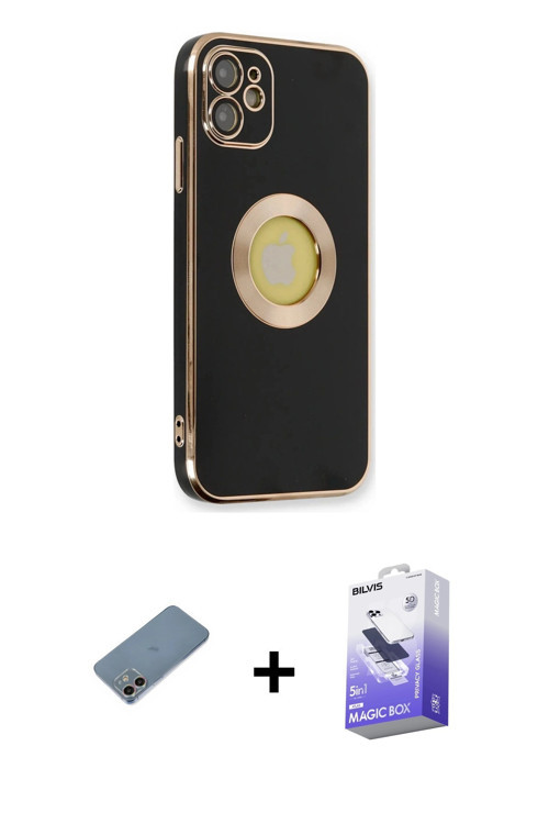 ieg™ iPhone 12 Kılıf İz Form Serisi - Siyah Bilvis 5in1 5D Magic Hayalet Cam Ekran Koruyucu + Gökkuş