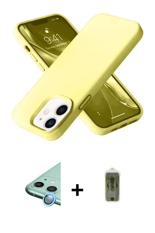 ieg™ iPhone 12 Kılıf Ahenk Serisi - Siyah Joko Magic 5D Hayalet Cam + Mavi Raze Metal Kamera Lens