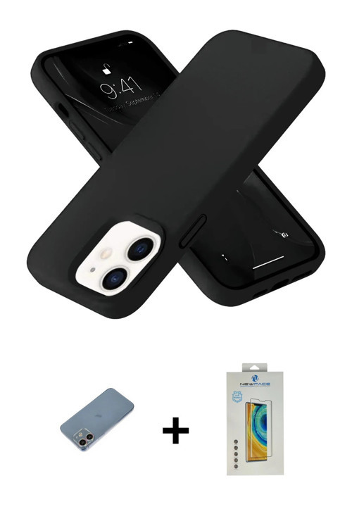 ieg™ iPhone 12 Kılıf Ahenk Serisi - Siyah Polymer Nano Ekran Koruyucu + Gökkuşağı Shine Kamera Lens
