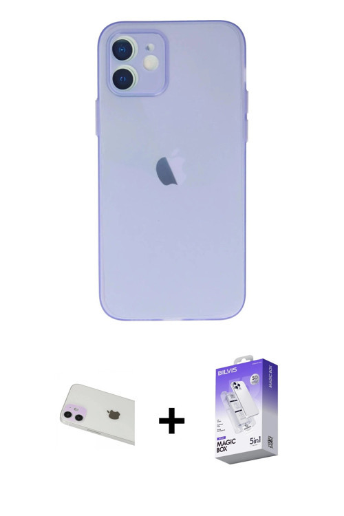 ieg™ iPhone 12 Kılıf Atlas Minimal Prime - Siyah Bilvis 5in1 3D Magic Cam Ekran Koruyucu + Mor Rainb