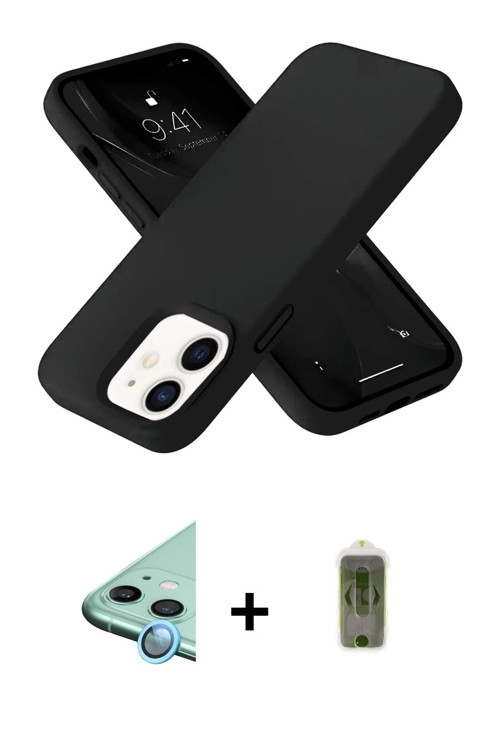 ieg™ iPhone 12 Kılıf Ahenk Serisi - Siyah Joko Magic 5D Hayalet Cam + Mavi Raze Metal Kamera Lens