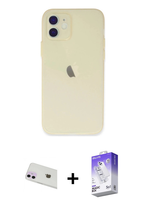 ieg™ iPhone 12 Kılıf Atlas Minimal Prime - Siyah Bilvis 5in1 3D Magic Cam Ekran Koruyucu + Mor Rainb