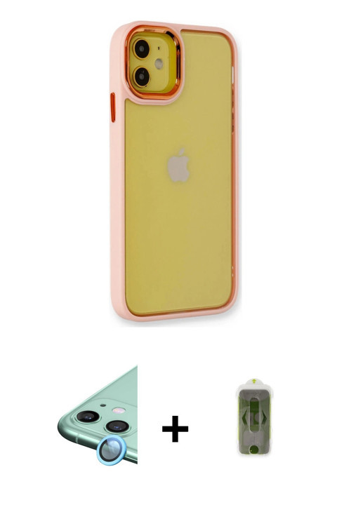 ieg™ iPhone 12 Kılıf Eksen Doku Prime - Siyah Joko Magic 5D Hayalet Cam + Mavi Raze Metal Kamera Len