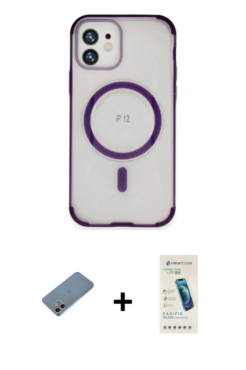 ieg™ iPhone 12 Kılıf Eksen Klasik Koleksiyonu - Şeffaf Pasifik Cam Ekran Koruyucu + Gökkuşağı Shine