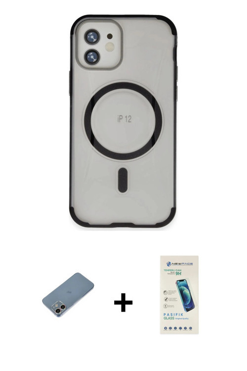 ieg™ iPhone 12 Kılıf Eksen Klasik Koleksiyonu - Şeffaf Pasifik Cam Ekran Koruyucu + Gökkuşağı Shine
