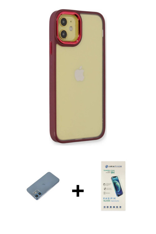 ieg™ iPhone 12 Kılıf Eksen Doku Prime - Şeffaf Pasifik Cam Ekran Koruyucu + Mavi Shine Kamera Lens K