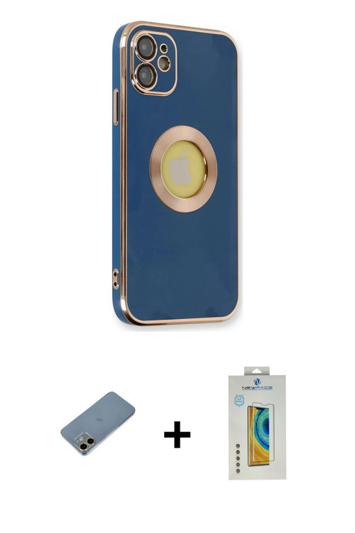 ieg™ iPhone 12 Kılıf İz Form Serisi - Siyah Polymer Nano Ekran Koruyucu + Gold Shine Kamera Lens Kor