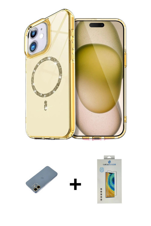 ieg™ iPhone 12 Kılıf Kıvılcım Form Prime - Siyah Polymer Nano Ekran Koruyucu + Gold Shine Kamera Len