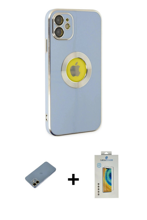 ieg™ iPhone 12 Kılıf İz Form Serisi - Siyah Polymer Nano Ekran Koruyucu + Gold Shine Kamera Lens Kor