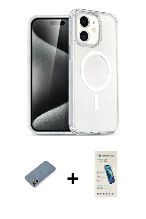 ieg™ iPhone 12 Kılıf Nova Asil Prime - Şeffaf Pasifik Cam Ekran Koruyucu + Gold Metal Kamera Lens Ko