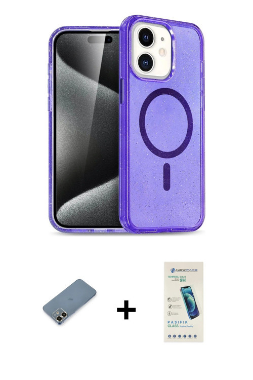 ieg™ iPhone 12 Kılıf Nova Asil Prime - Şeffaf Pasifik Cam Ekran Koruyucu + Gold Metal Kamera Lens Ko