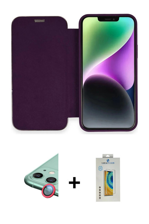 ieg™ iPhone 12 Kılıf Siluet Minimal Serisi - Siyah Polymer Nano Ekran Koruyucu + Kırmızı Raze Metal