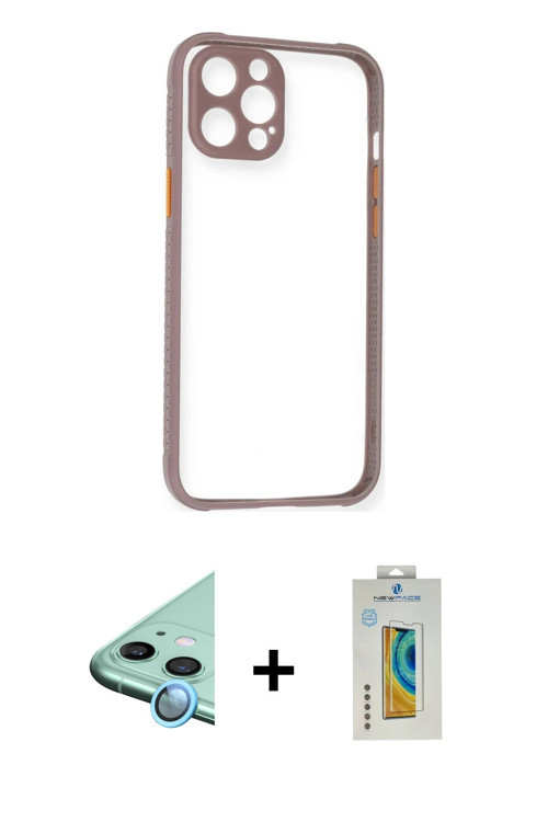 ieg™ iPhone 12 Kılıf Nova Asil Özel Seri - Siyah Polymer Nano Ekran Koruyucu + Mavi Raze Metal Kamer