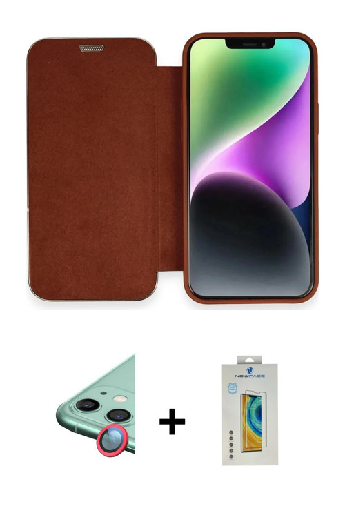 ieg™ iPhone 12 Kılıf Siluet Minimal Serisi - Siyah Polymer Nano Ekran Koruyucu + Kırmızı Raze Metal