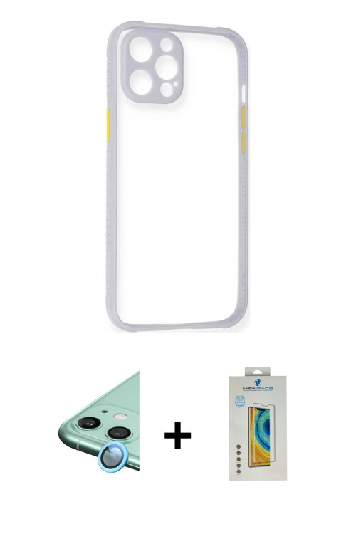 ieg™ iPhone 12 Kılıf Nova Asil Özel Seri - Siyah Polymer Nano Ekran Koruyucu + Mavi Raze Metal Kamer