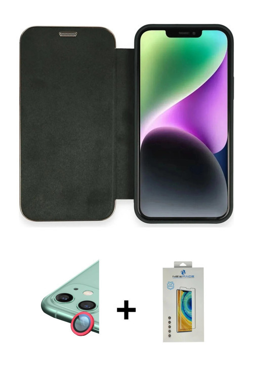 ieg™ iPhone 12 Kılıf Siluet Minimal Serisi - Siyah Polymer Nano Ekran Koruyucu + Kırmızı Raze Metal