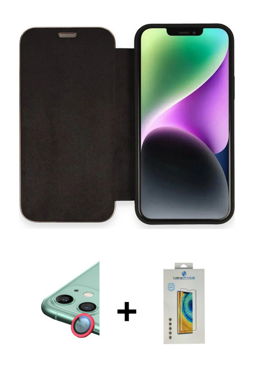 ieg™ iPhone 12 Kılıf Siluet Minimal Serisi - Siyah Polymer Nano Ekran Koruyucu + Kırmızı Raze Metal