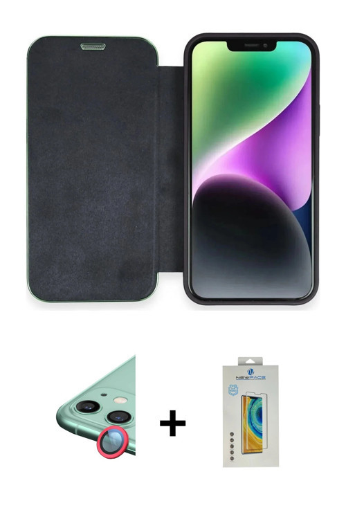 ieg™ iPhone 12 Kılıf Siluet Minimal Serisi - Siyah Polymer Nano Ekran Koruyucu + Kırmızı Raze Metal