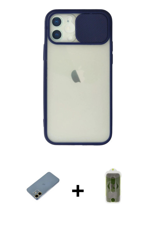 ieg™ iPhone 12 Kılıf Vadi Çizgi - Siyah Joko Magic 5D Hayalet Cam + Gold Shine Kamera Lens Koruma Ca