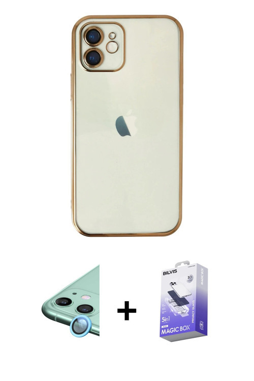 ieg™ iPhone 12 Kılıf Vadi Minimal - Siyah Bilvis 5in1 5D Magic Hayalet Cam Ekran Koruyucu + Mavi Raz
