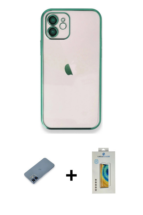 ieg™ iPhone 12 Kılıf Vadi Minimal - Siyah Polymer Nano Ekran Koruyucu + Mavi Metal Kamera Lens Korum