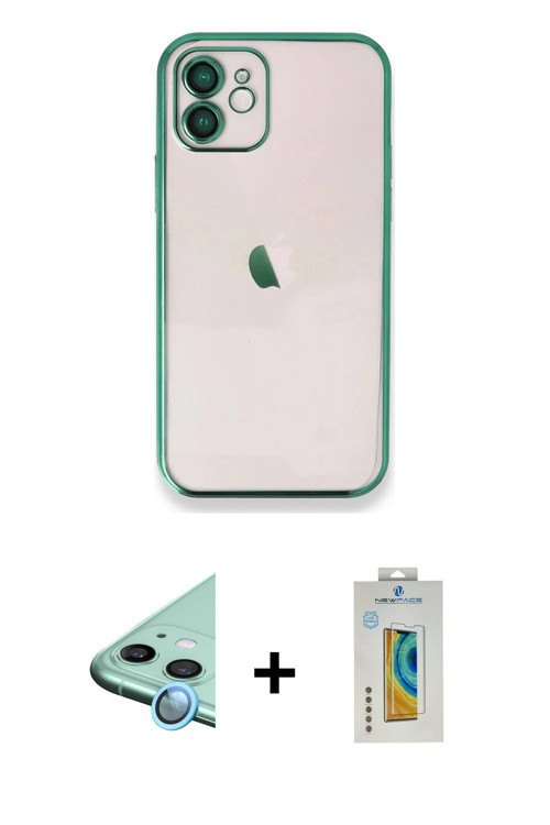 ieg™ iPhone 12 Kılıf Vadi Minimal - Siyah Polymer Nano Ekran Koruyucu + Mavi Raze Metal Kamera Lens