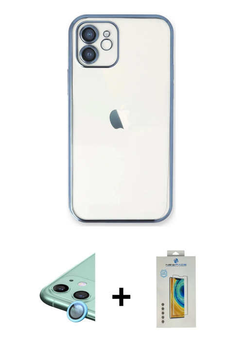 ieg™ iPhone 12 Kılıf Vadi Minimal - Siyah Polymer Nano Ekran Koruyucu + Mavi Raze Metal Kamera Lens