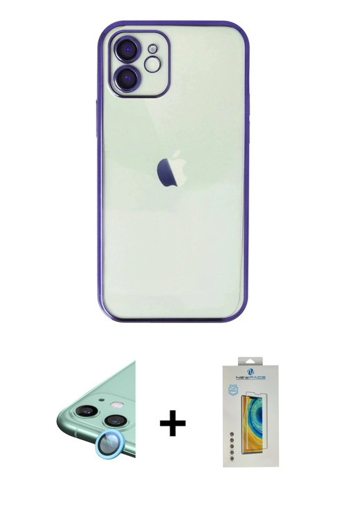 ieg™ iPhone 12 Kılıf Vadi Minimal - Siyah Polymer Nano Ekran Koruyucu + Mavi Raze Metal Kamera Lens