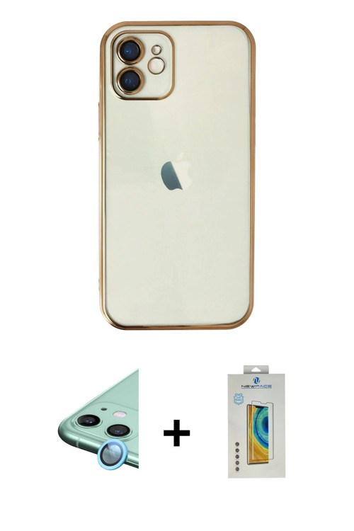 ieg™ iPhone 12 Kılıf Vadi Minimal - Siyah Polymer Nano Ekran Koruyucu + Mavi Raze Metal Kamera Lens