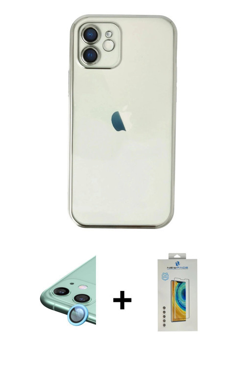 ieg™ iPhone 12 Kılıf Vadi Minimal - Siyah Polymer Nano Ekran Koruyucu + Mavi Raze Metal Kamera Lens