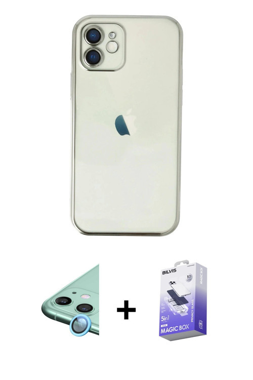 ieg™ iPhone 12 Kılıf Vadi Minimal - Siyah Bilvis 5in1 5D Magic Hayalet Cam Ekran Koruyucu + Mavi Raz