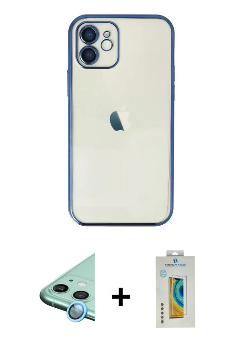 ieg™ iPhone 12 Kılıf Vadi Minimal - Siyah Polymer Nano Ekran Koruyucu + Mavi Raze Metal Kamera Lens