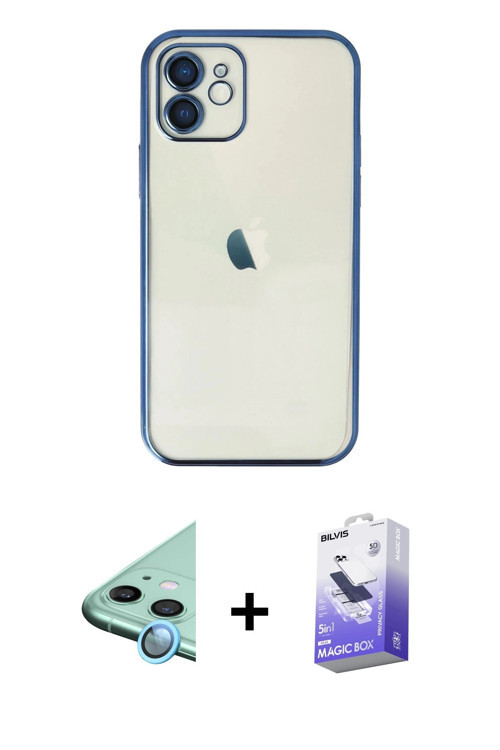 ieg™ iPhone 12 Kılıf Vadi Minimal - Siyah Bilvis 5in1 5D Magic Hayalet Cam Ekran Koruyucu + Mavi Raz
