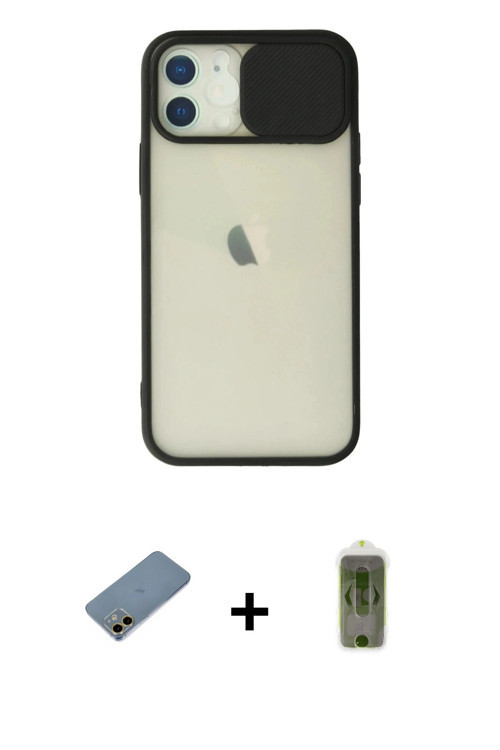 ieg™ iPhone 12 Kılıf Vadi Çizgi - Siyah Joko Magic 5D Hayalet Cam + Gold Shine Kamera Lens Koruma Ca