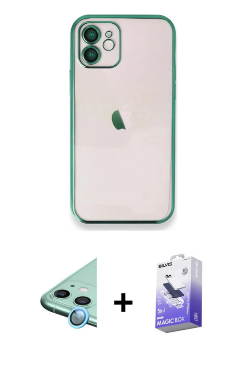 ieg™ iPhone 12 Kılıf Vadi Minimal - Siyah Bilvis 5in1 5D Magic Hayalet Cam Ekran Koruyucu + Mavi Raz